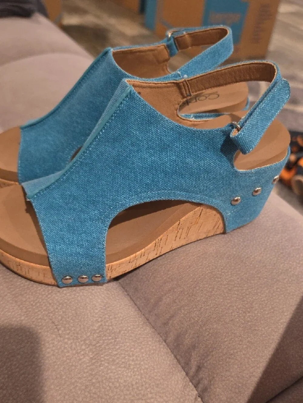 Women’s Blue Open-Toe Wedge Sandals with Slingback Strap